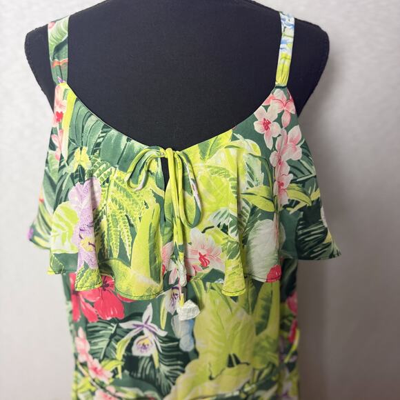 NWT Tommy Bahama Tropolicious Floral Ruffle Maxi Dress L G Green Frog Tropical - Picture 5 of 7